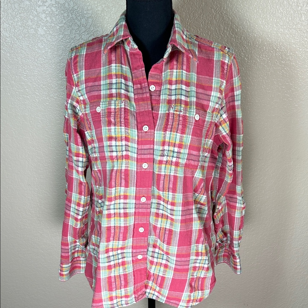 Lauren Ralph Lauren Pink Plaid Denim Button-Down Shirt Size Medium Front Pockets